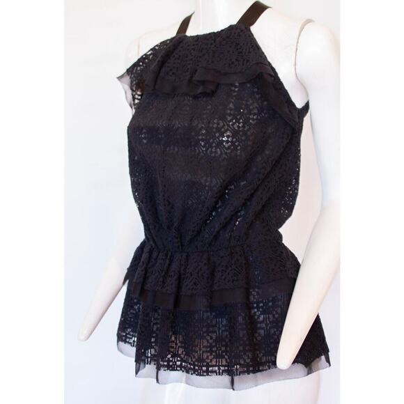 Oscar De La Renta Tops - Oscar De La Renta Black Lace Halter Top with Two-Tier Ruffle Trim - Size 8